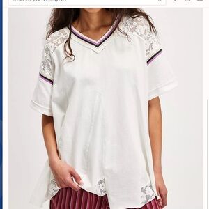 Free People Pringle White V-Neck Lace Short Sleeve Top